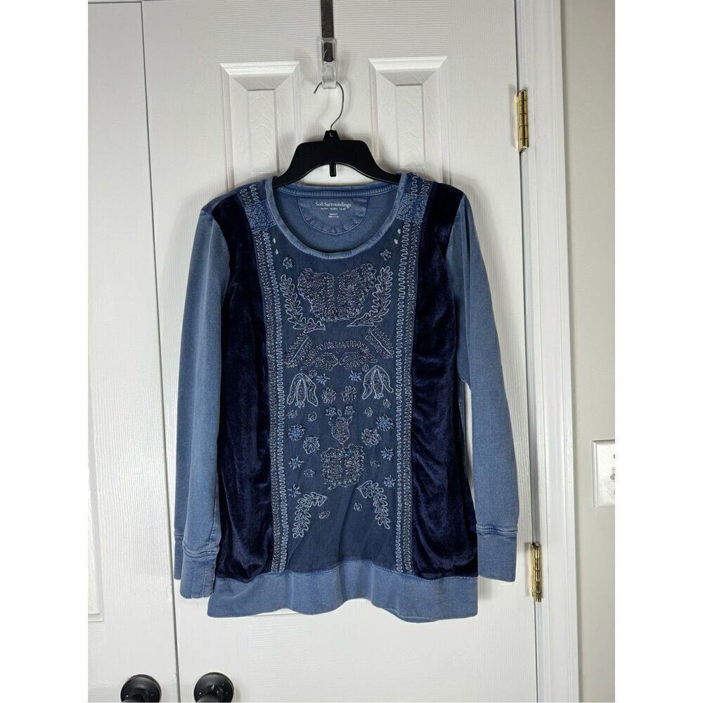 Soft Surroundings Womens Blue Velvet Burnout Blouse Size M